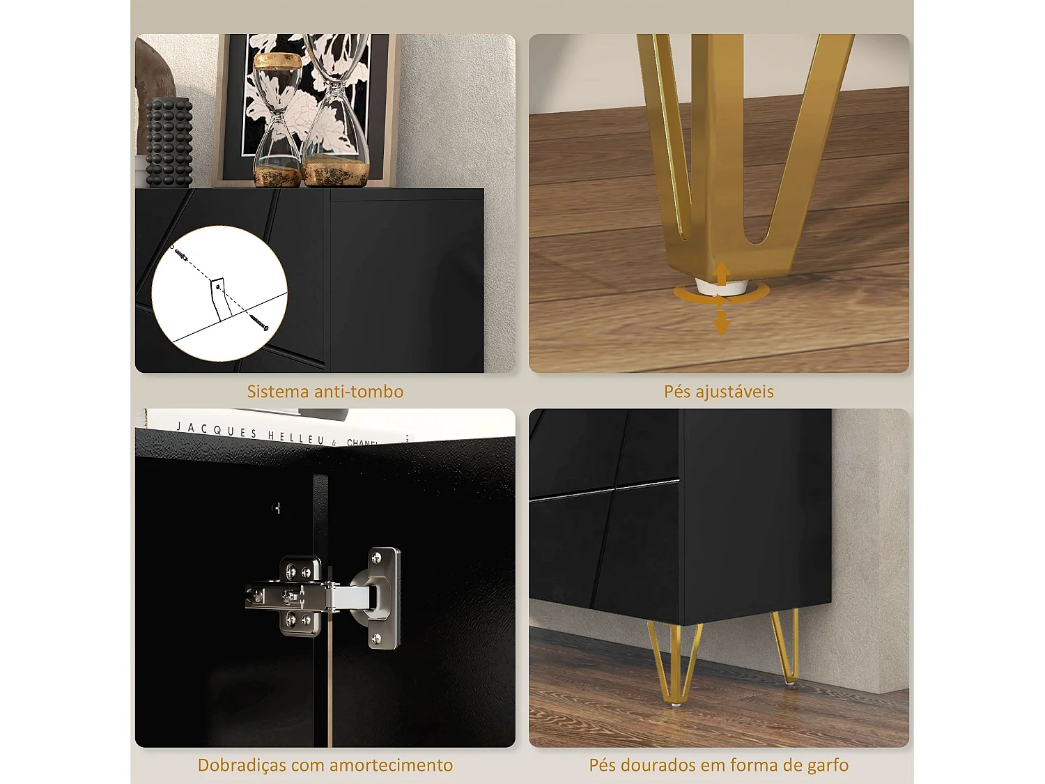 Aparador Desiré Homcom 3 puertas negro/dorado 75x120x40 cm