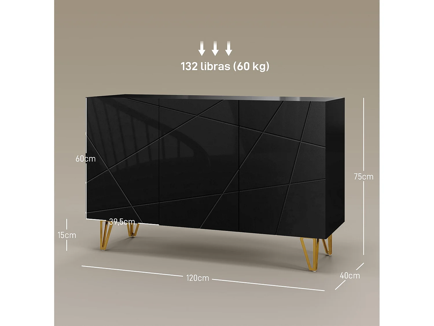 Aparador Desiré Homcom 3 puertas negro/dorado 75x120x40 cm