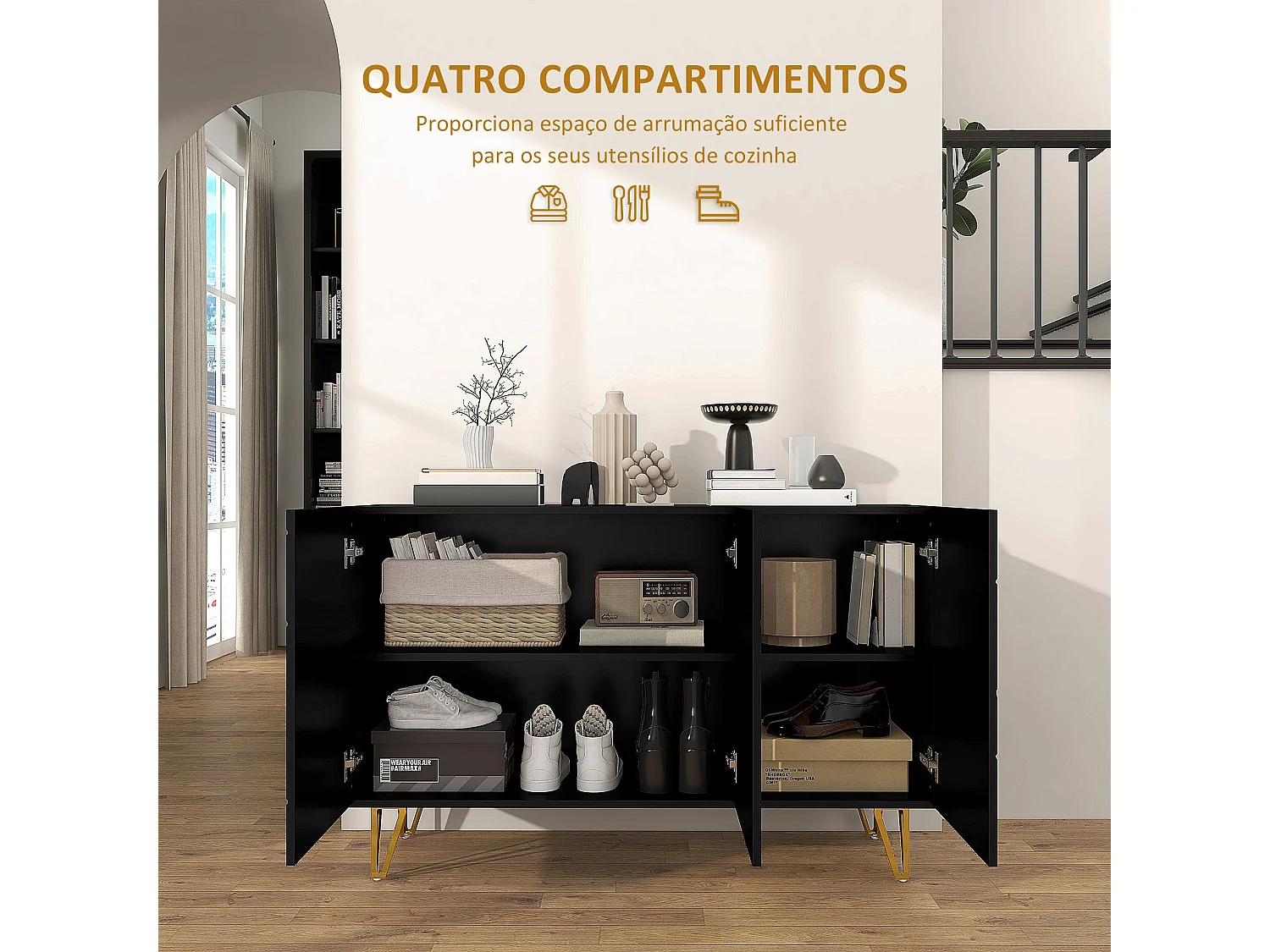 Aparador Desiré Homcom 3 puertas negro/dorado 75x120x40 cm