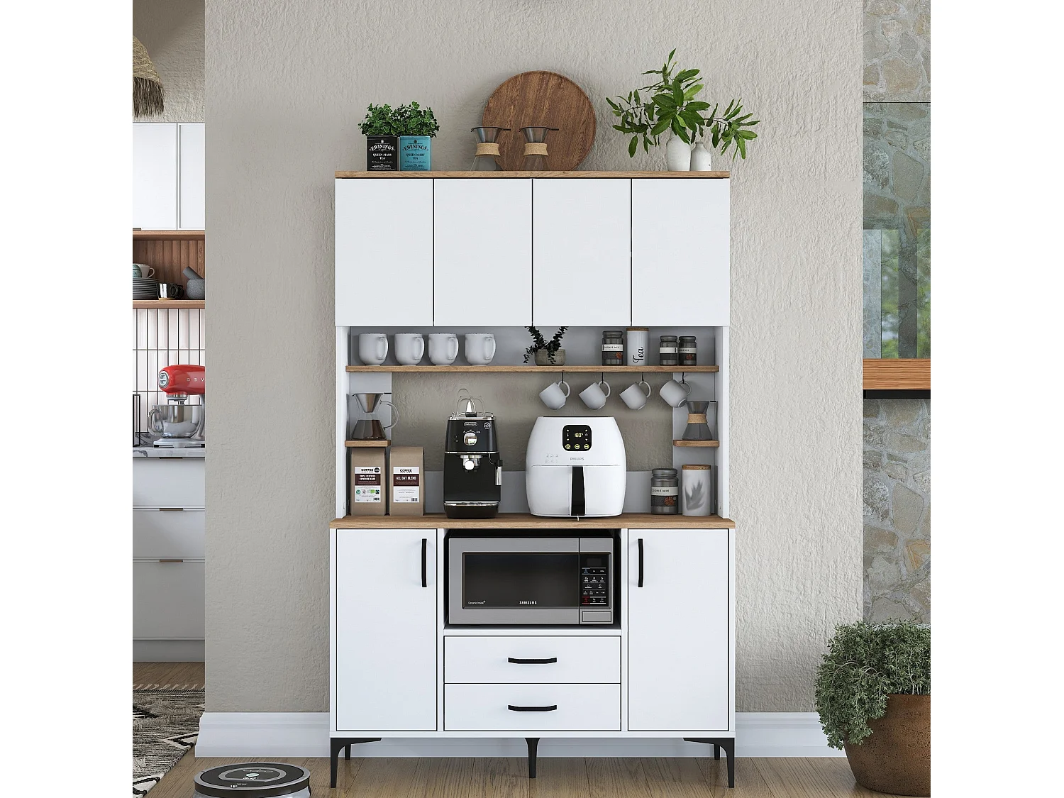 Armário Alto de Cozinha Stella - Organização Estilosa e Funcional em Branco e Nogueira