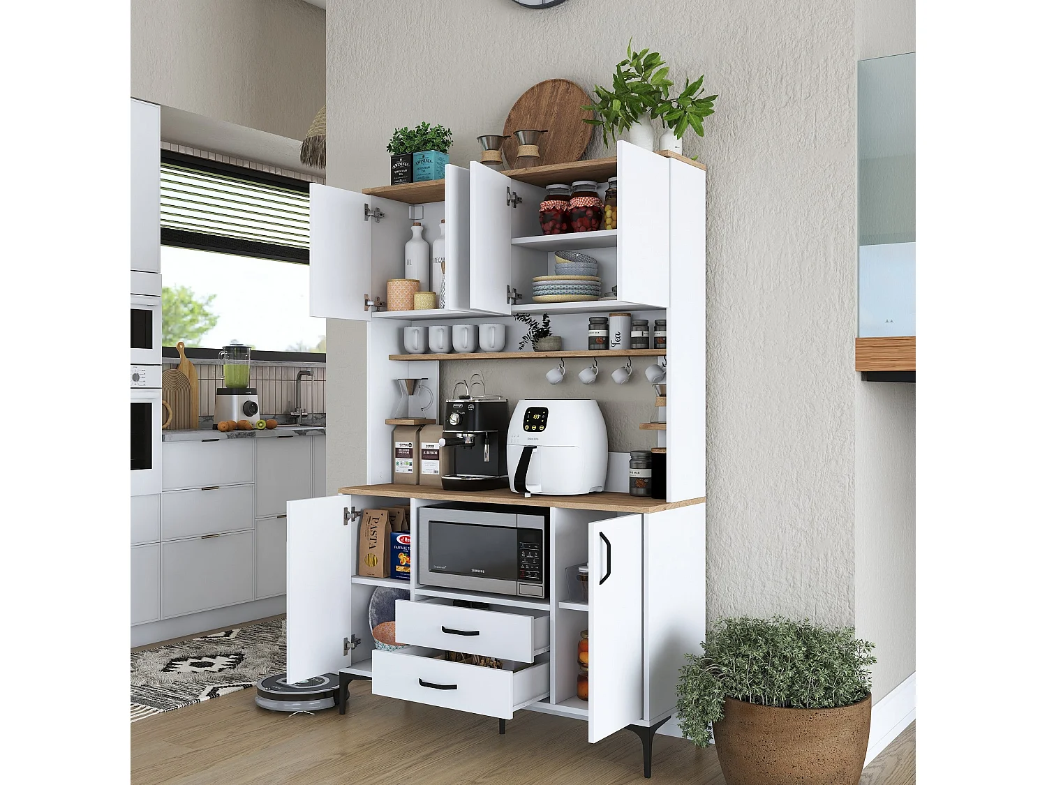 Armário Alto de Cozinha Stella - Organização Estilosa e Funcional em Branco e Nogueira