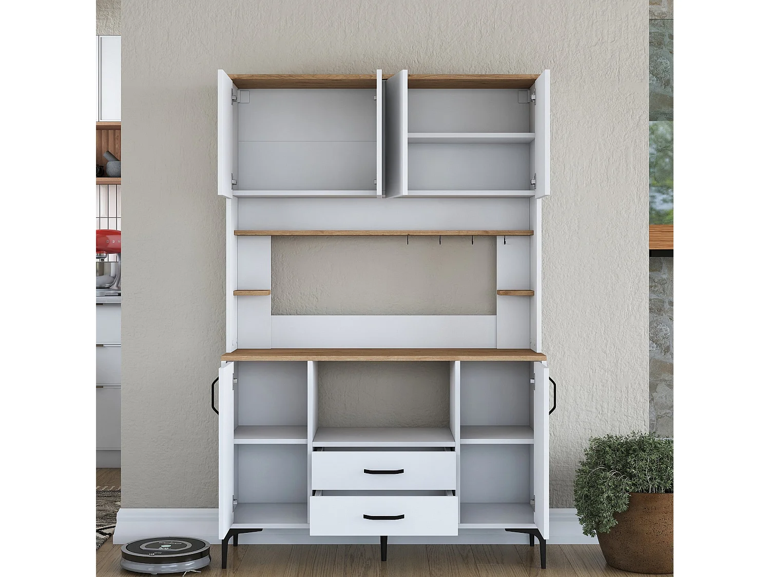 Armário Alto de Cozinha Stella - Organização Estilosa e Funcional em Branco e Nogueira