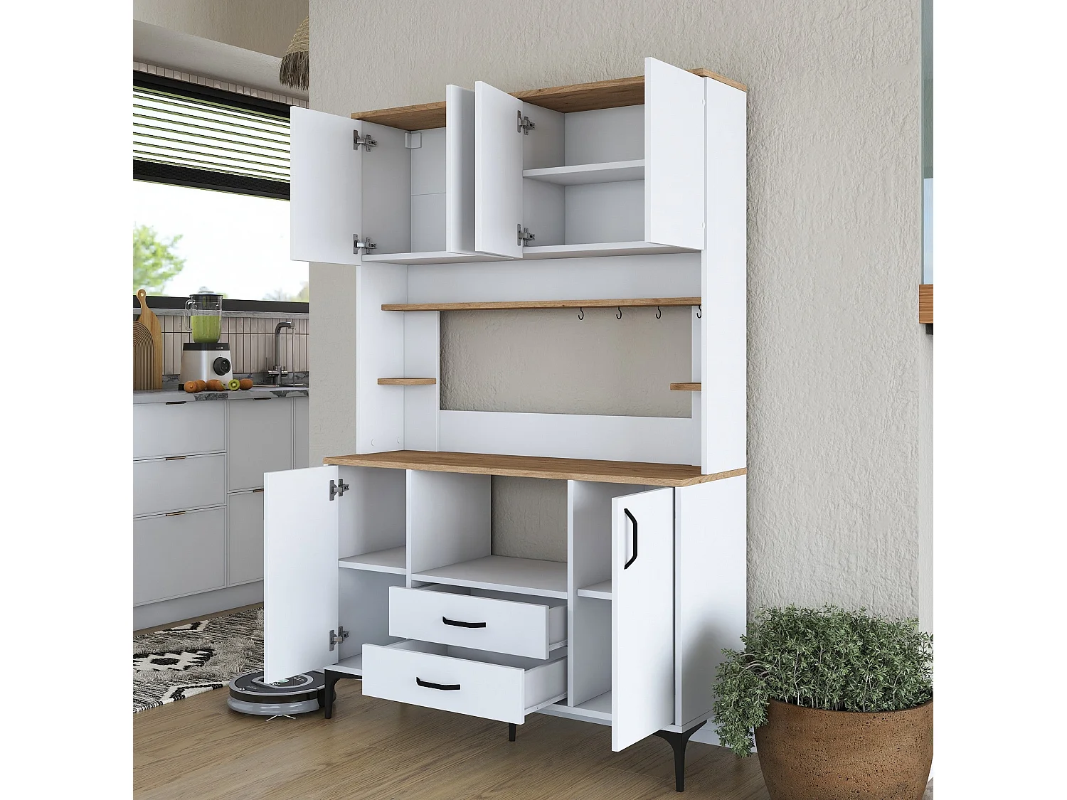 Armário Alto de Cozinha Stella - Organização Estilosa e Funcional em Branco e Nogueira