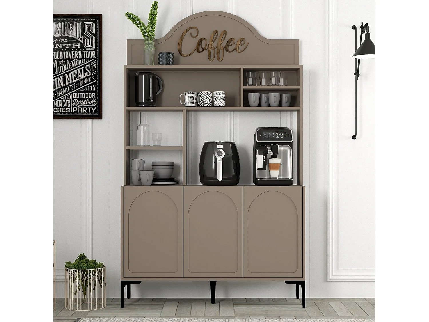 Armário de Cozinha e Sala "Caffè" - Design Moderno em Atlas e Preto - 120x202x35cm para Organizar Seu Café