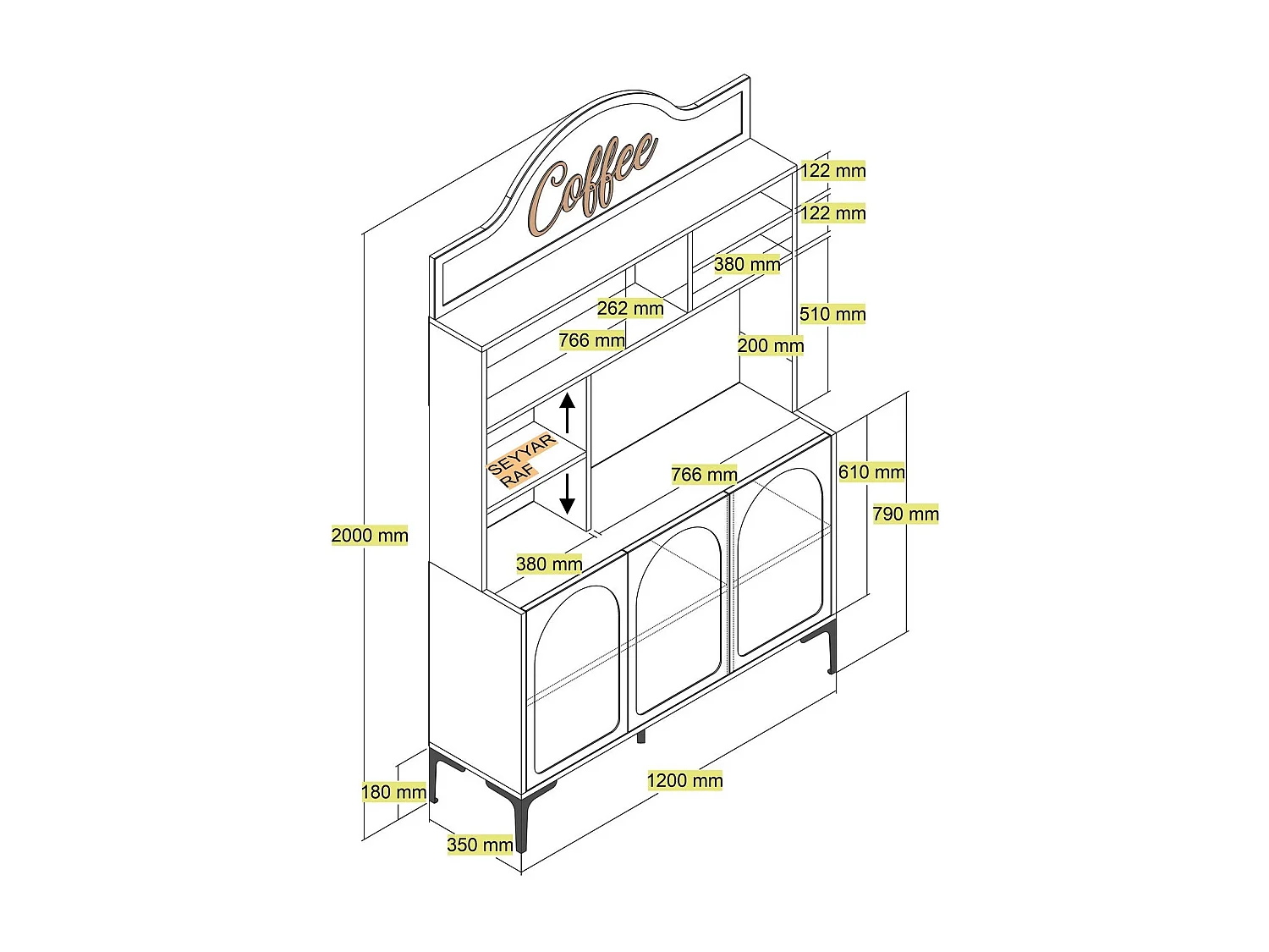 Armário de Cozinha e Sala "Caffè" - Design Moderno em Atlas e Preto - 120x202x35cm para Organizar Seu Café