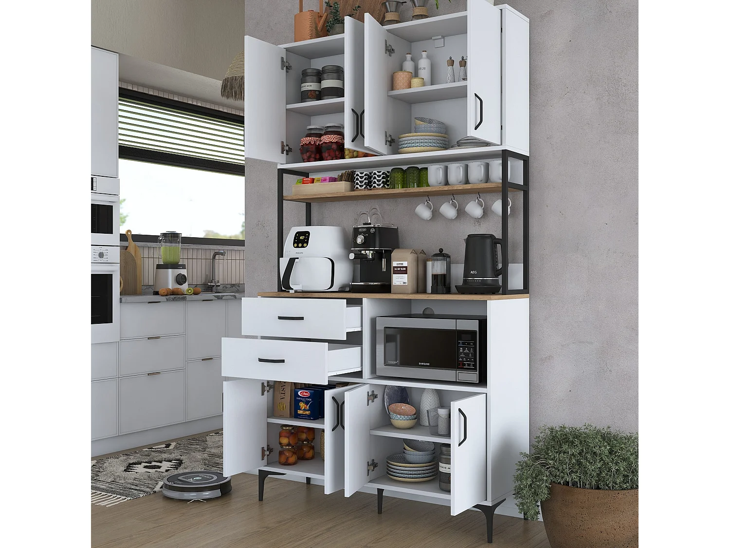 Armário Alto de Cozinha Moderno 'Stella' em Nogueira e Branco - Estilo e Funcionalidade