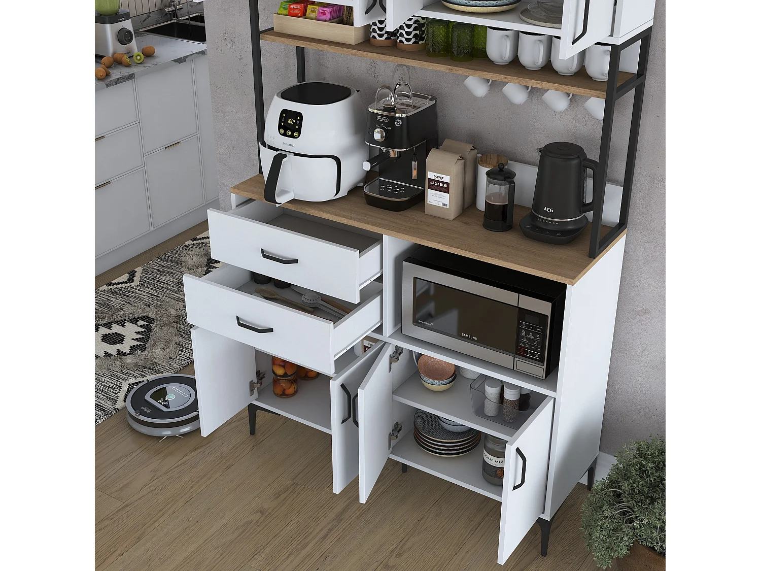 Armário Alto de Cozinha Moderno 'Stella' em Nogueira e Branco - Estilo e Funcionalidade