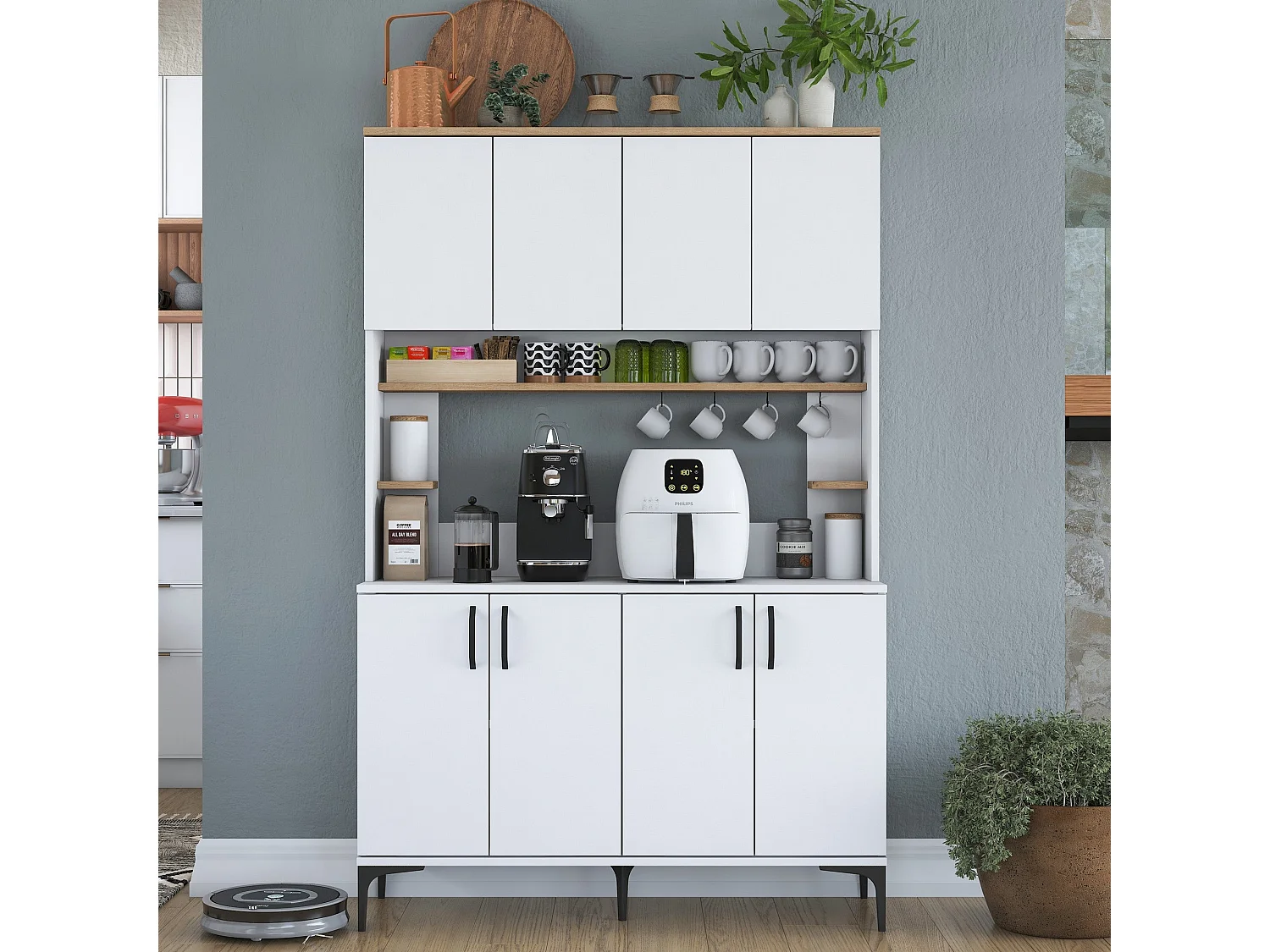 Armário Alto de Cozinha Stella - Estilo Moderno e Funcionalidade - 120 x 187,2 x 40 cm - Branco e Nogueira