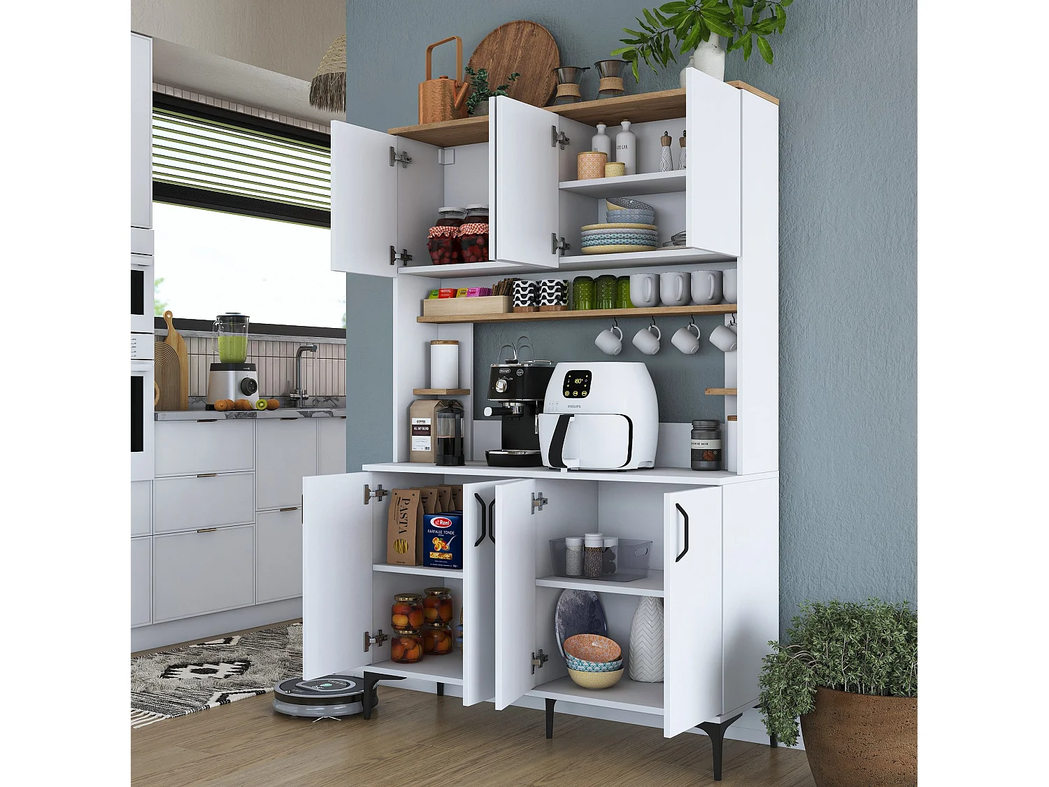 Armário Alto de Cozinha Stella - Estilo Moderno e Funcionalidade - 120 x 187,2 x 40 cm - Branco e Nogueira