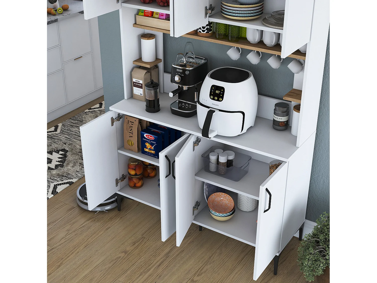 Armário Alto de Cozinha Stella - Estilo Moderno e Funcionalidade - 120 x 187,2 x 40 cm - Branco e Nogueira