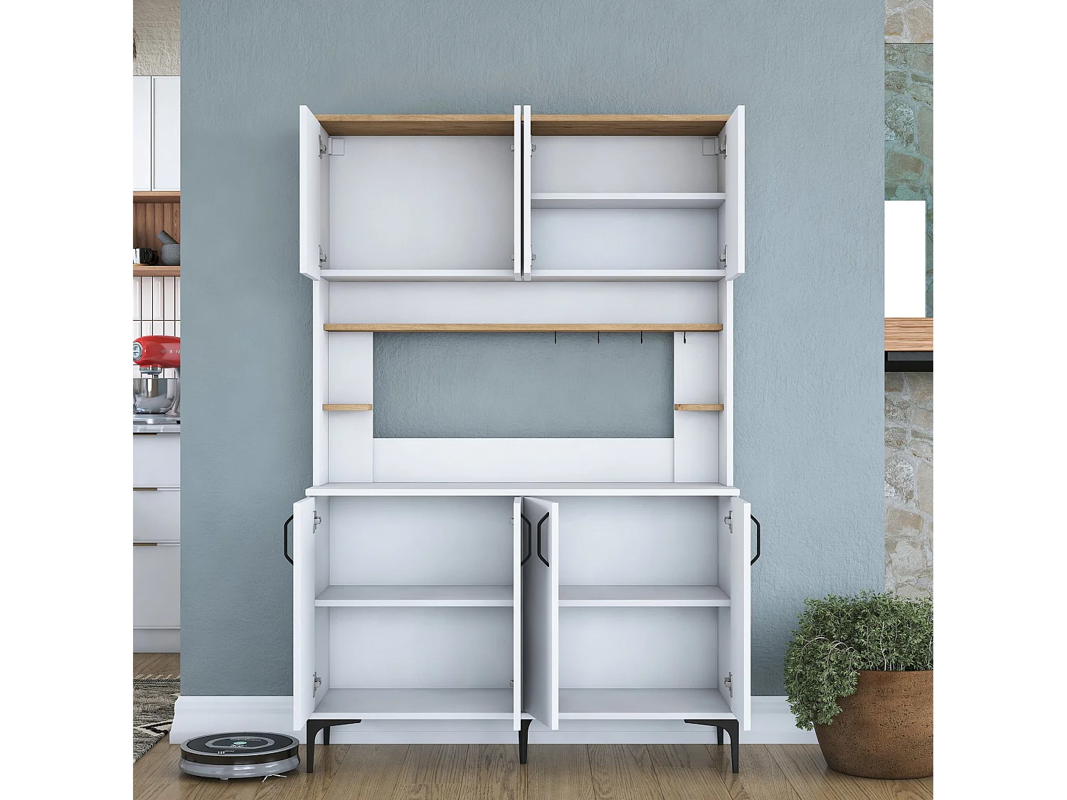 Armário Alto de Cozinha Stella - Estilo Moderno e Funcionalidade - 120 x 187,2 x 40 cm - Branco e Nogueira