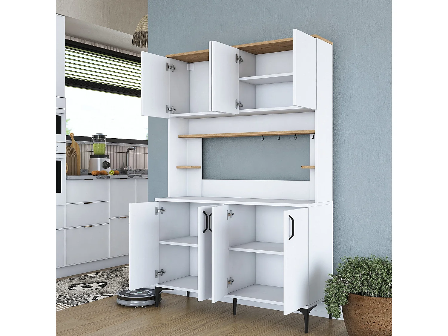 Armário Alto de Cozinha Stella - Estilo Moderno e Funcionalidade - 120 x 187,2 x 40 cm - Branco e Nogueira