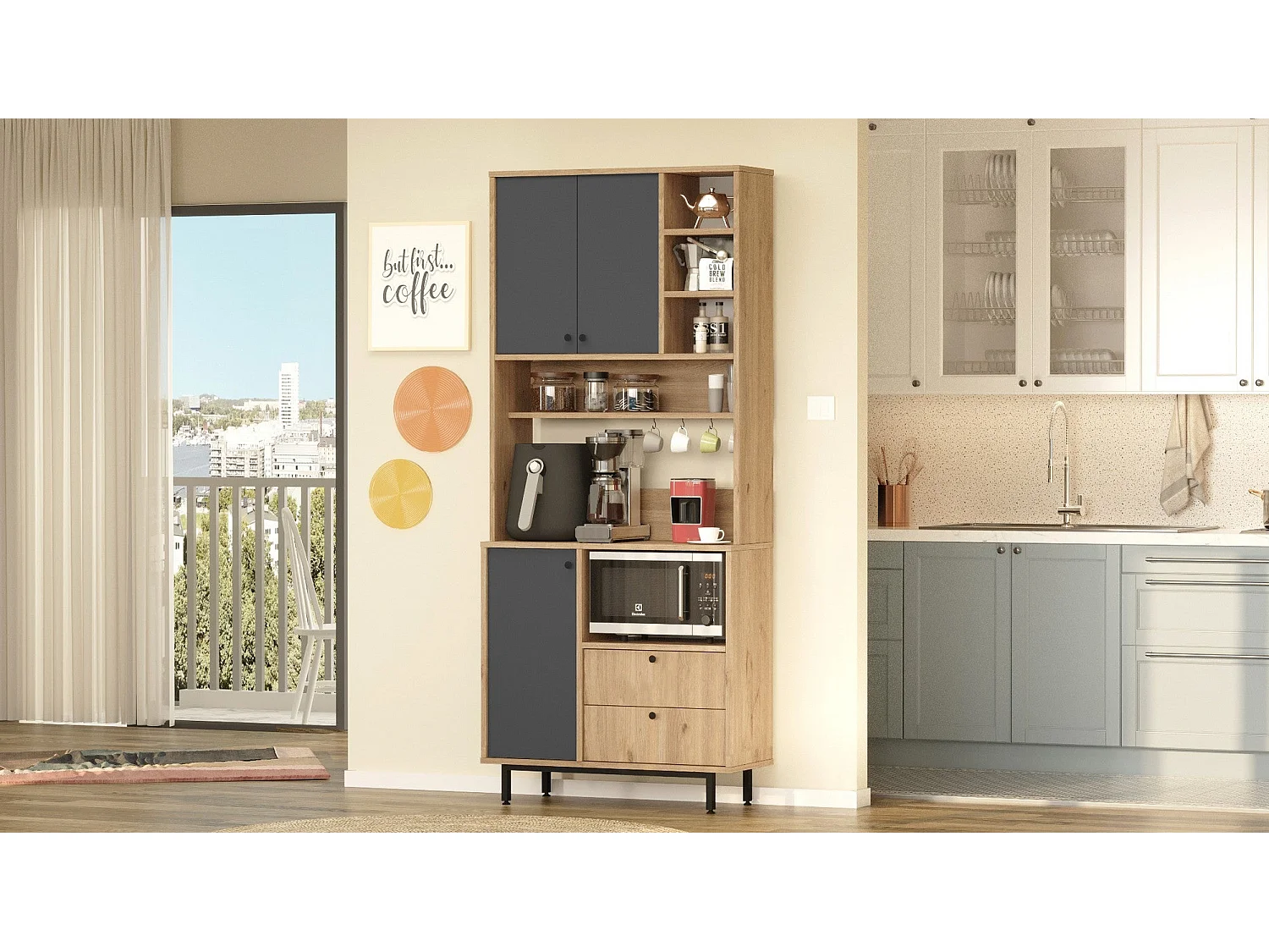 Armário Alto de Cozinha Toledo em Carvalho e Antracite - Design Moderno e Funcional 88x205x35.5cm