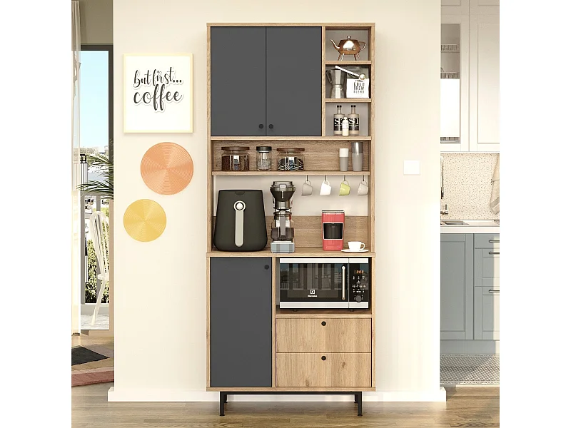 Armário Alto de Cozinha Toledo em Carvalho e Antracite - Design Moderno e Funcional 88x205x35.5cm