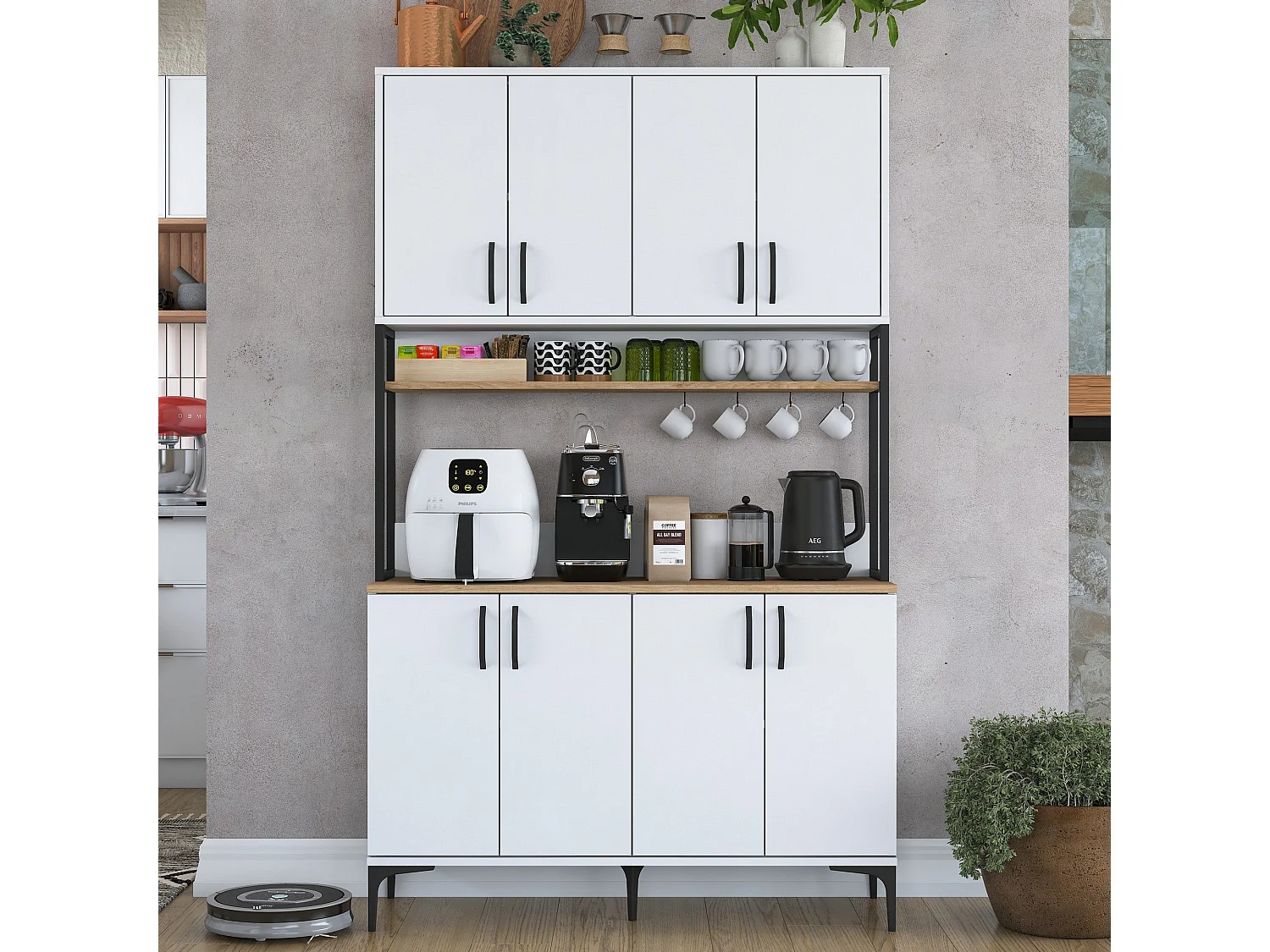 Armário Alto de Cozinha Stella - Design Moderno em Nogueira e Branco - 120 x 198,6 x 40 cm