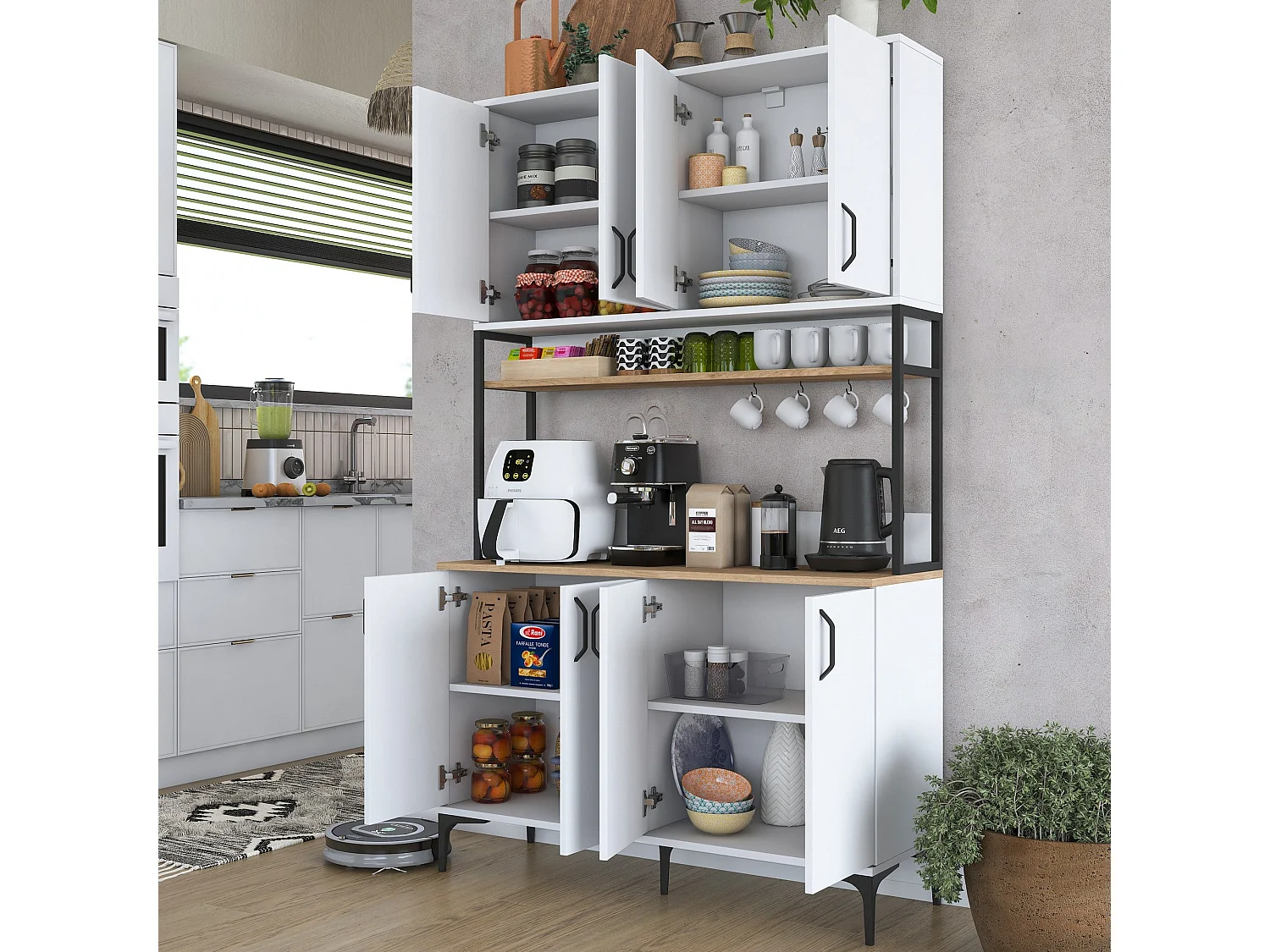 Armário Alto de Cozinha Stella - Design Moderno em Nogueira e Branco - 120 x 198,6 x 40 cm