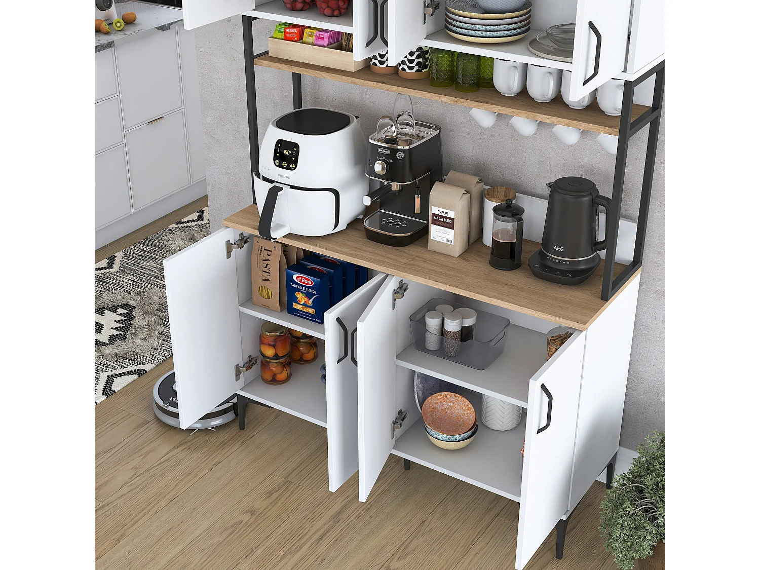 Armário Alto de Cozinha Stella - Design Moderno em Nogueira e Branco - 120 x 198,6 x 40 cm