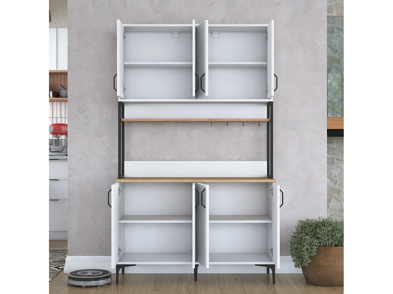 Armário Alto de Cozinha Stella - Design Moderno em Nogueira e Branco - 120 x 198,6 x 40 cm