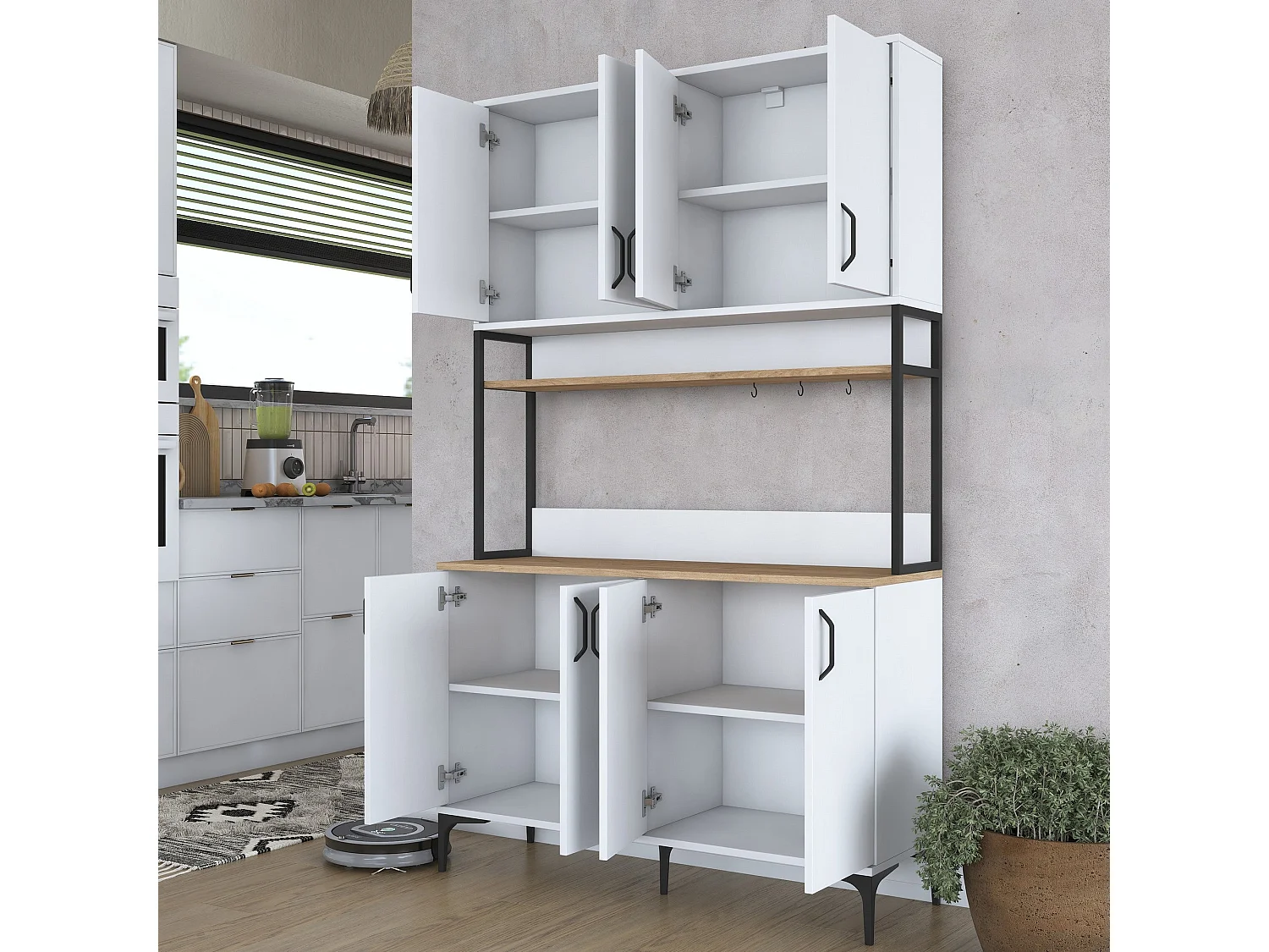 Armário Alto de Cozinha Stella - Design Moderno em Nogueira e Branco - 120 x 198,6 x 40 cm