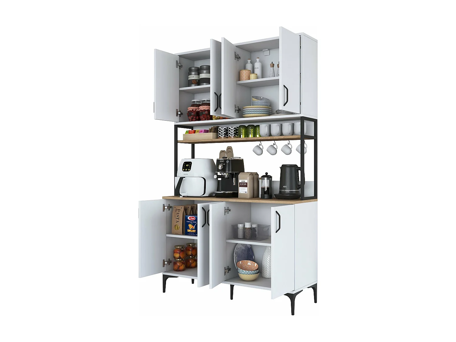 Armário Alto de Cozinha Stella - Design Moderno em Nogueira e Branco - 120 x 198,6 x 40 cm