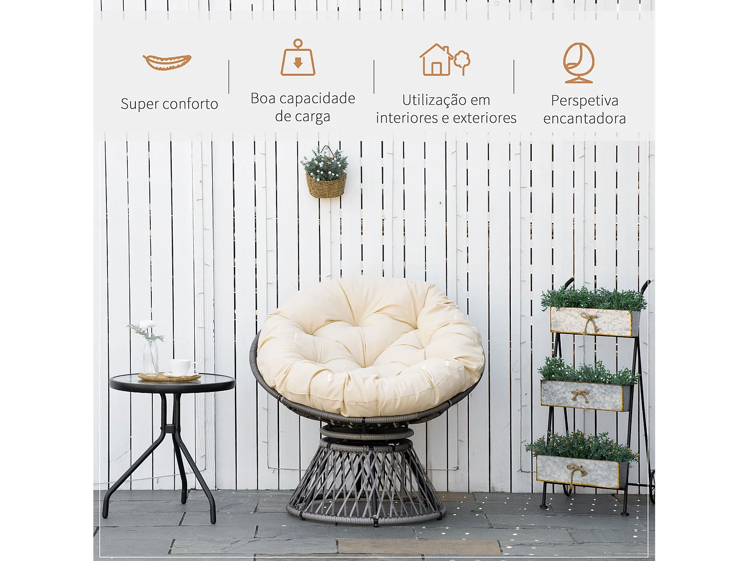 Sillón papasan Outsunny giratorio con cojín gris/crema 90x87x97 cm