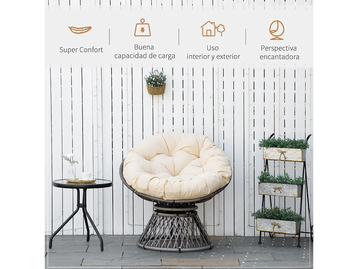 Sillón papasan Outsunny giratorio con cojín gris/crema 90x87x97 cm