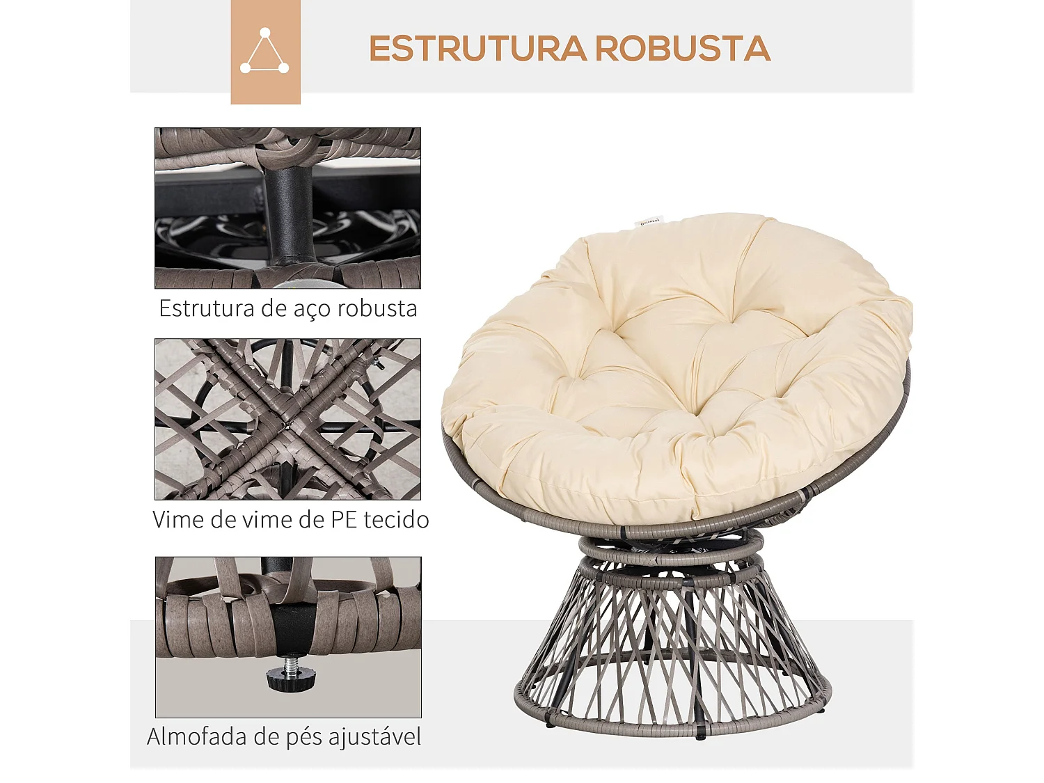 Sillón papasan Outsunny giratorio con cojín gris/crema 90x87x97 cm