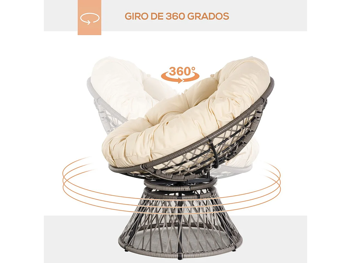 Sillón papasan Outsunny giratorio con cojín gris/crema 90x87x97 cm