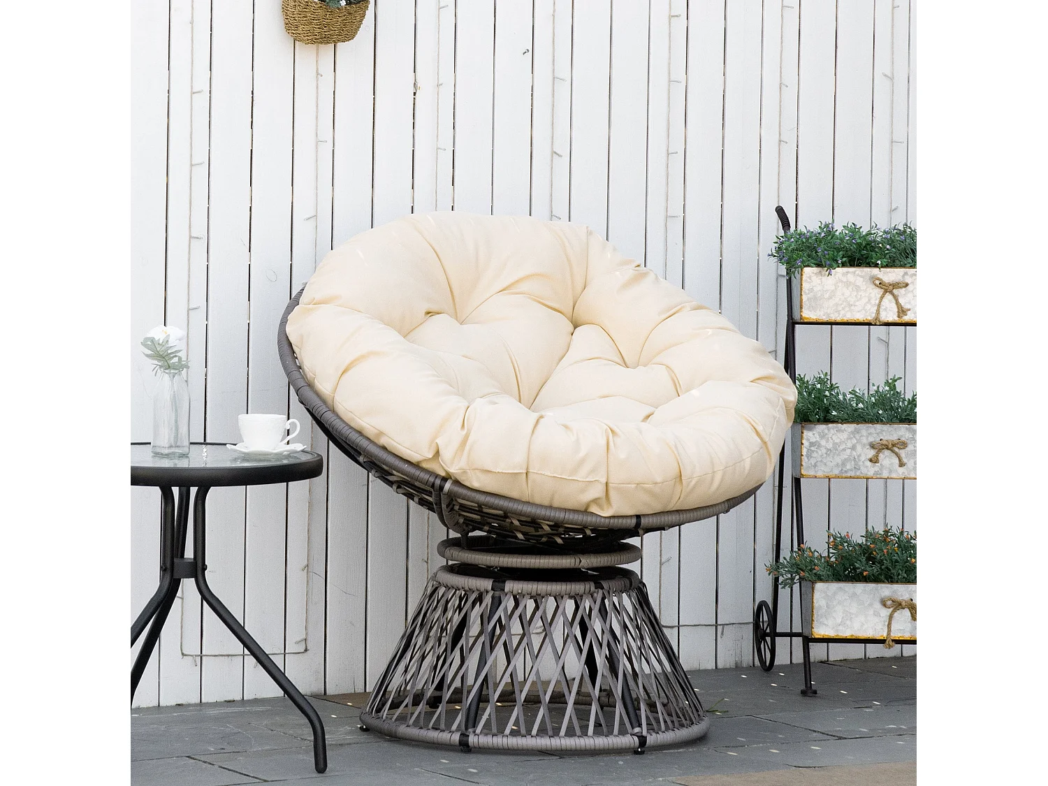 Sillón papasan Outsunny giratorio con cojín gris/crema 90x87x97 cm