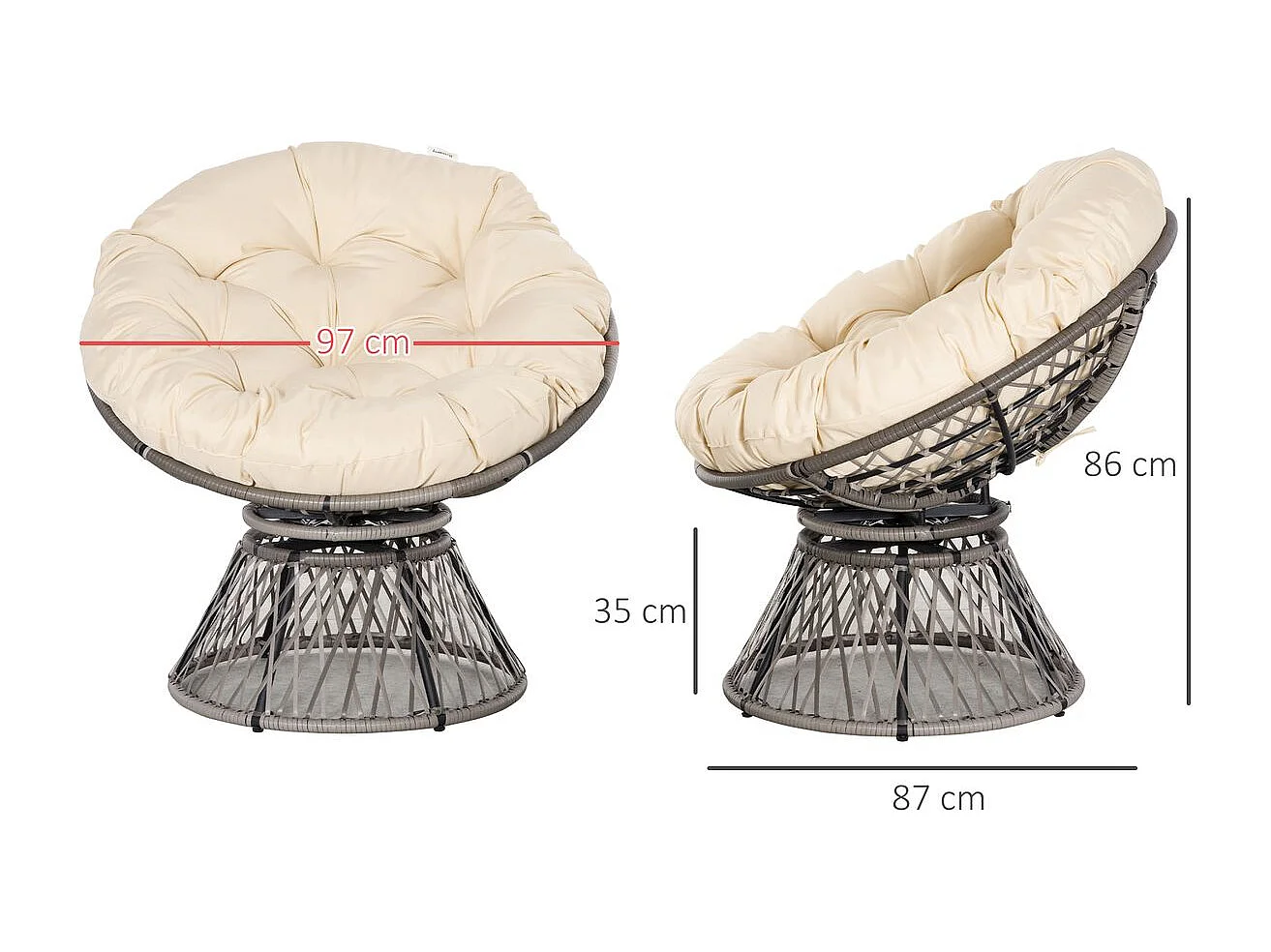 Sillón papasan Outsunny giratorio con cojín gris/crema 90x87x97 cm