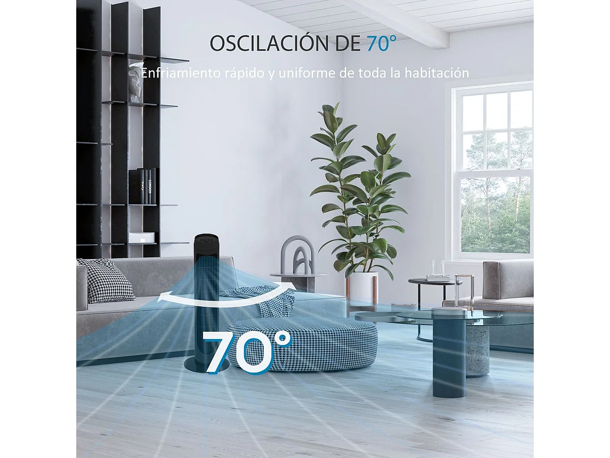 Ventoinha de Coluna Silenciosa 45W com Oscilação de 70° e 3 Velocidades para Ambientes Internos