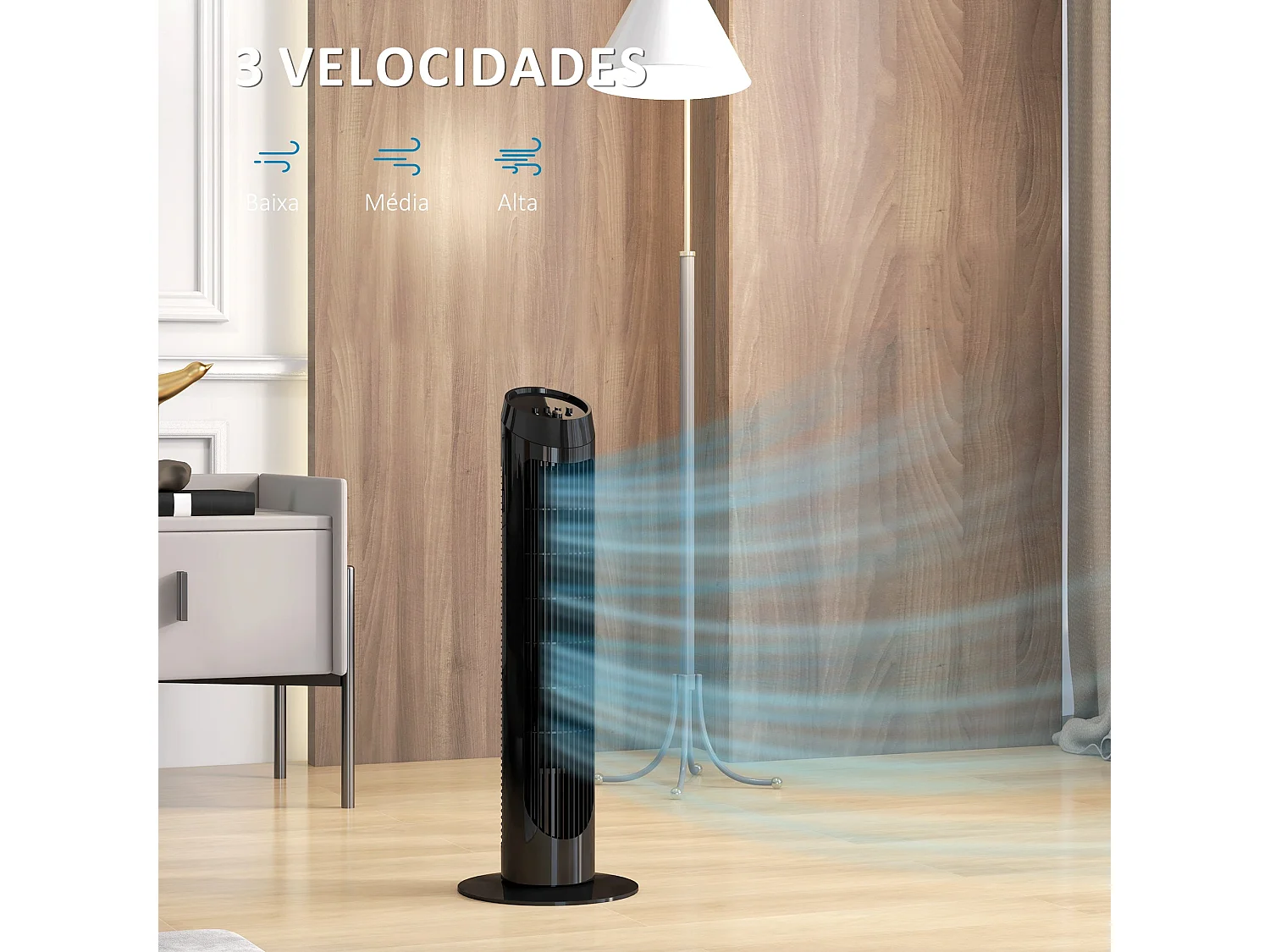 Ventoinha de Coluna Silenciosa 45W com Oscilação de 70° e 3 Velocidades para Ambientes Internos