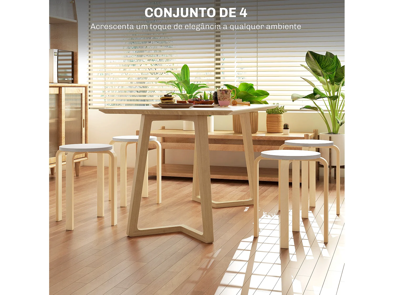 Conjunto de 4 Bancos de Madeira Redondos Modernos para Sala de Estar e Escritório - Modelo Dijon