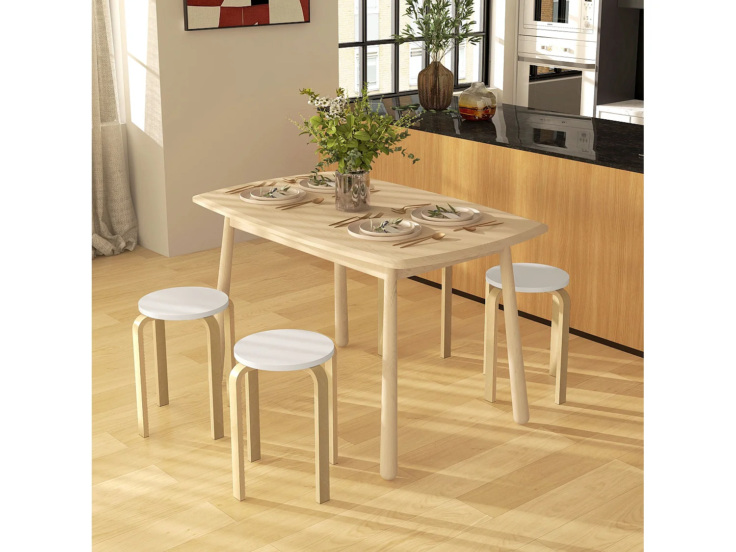 Conjunto de 4 Bancos de Madeira Redondos Modernos para Sala de Estar e Escritório - Modelo Dijon