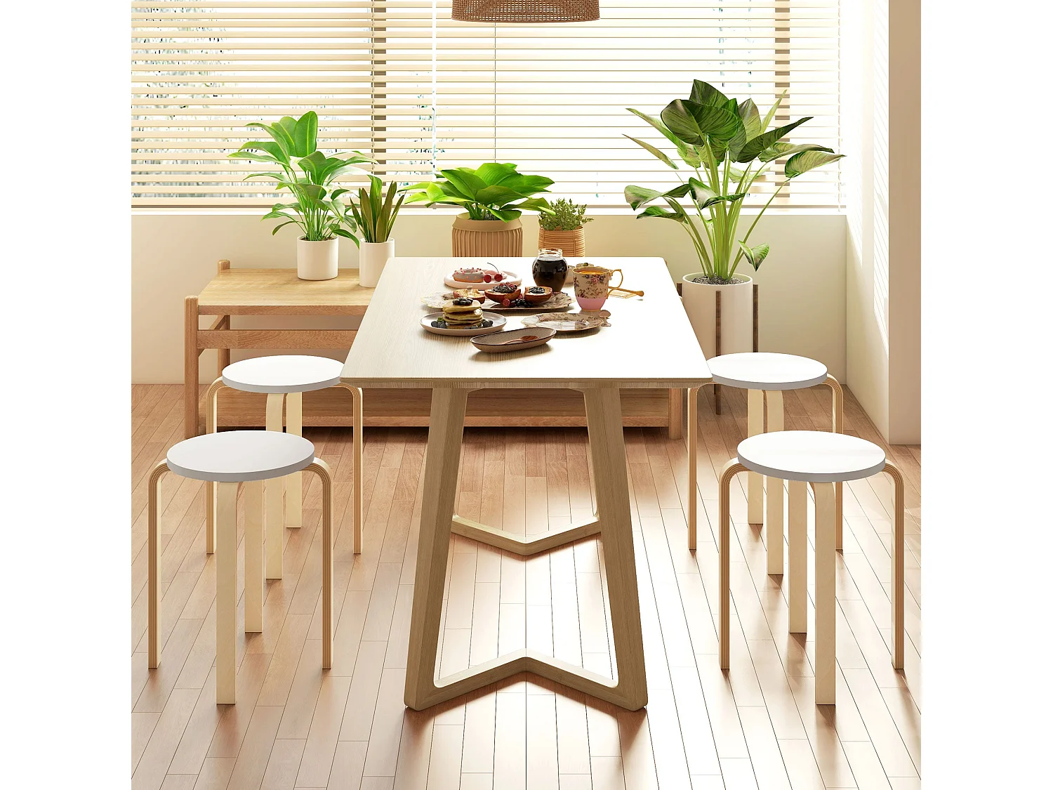 Conjunto de 4 Bancos de Madeira Redondos Modernos para Sala de Estar e Escritório - Modelo Dijon