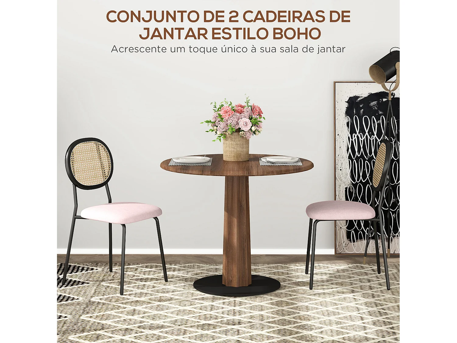 Conjunto Elegante de 2 Cadeiras de Jantar em Vime Sintético com Estrutura de Aço em Rosa e Preto