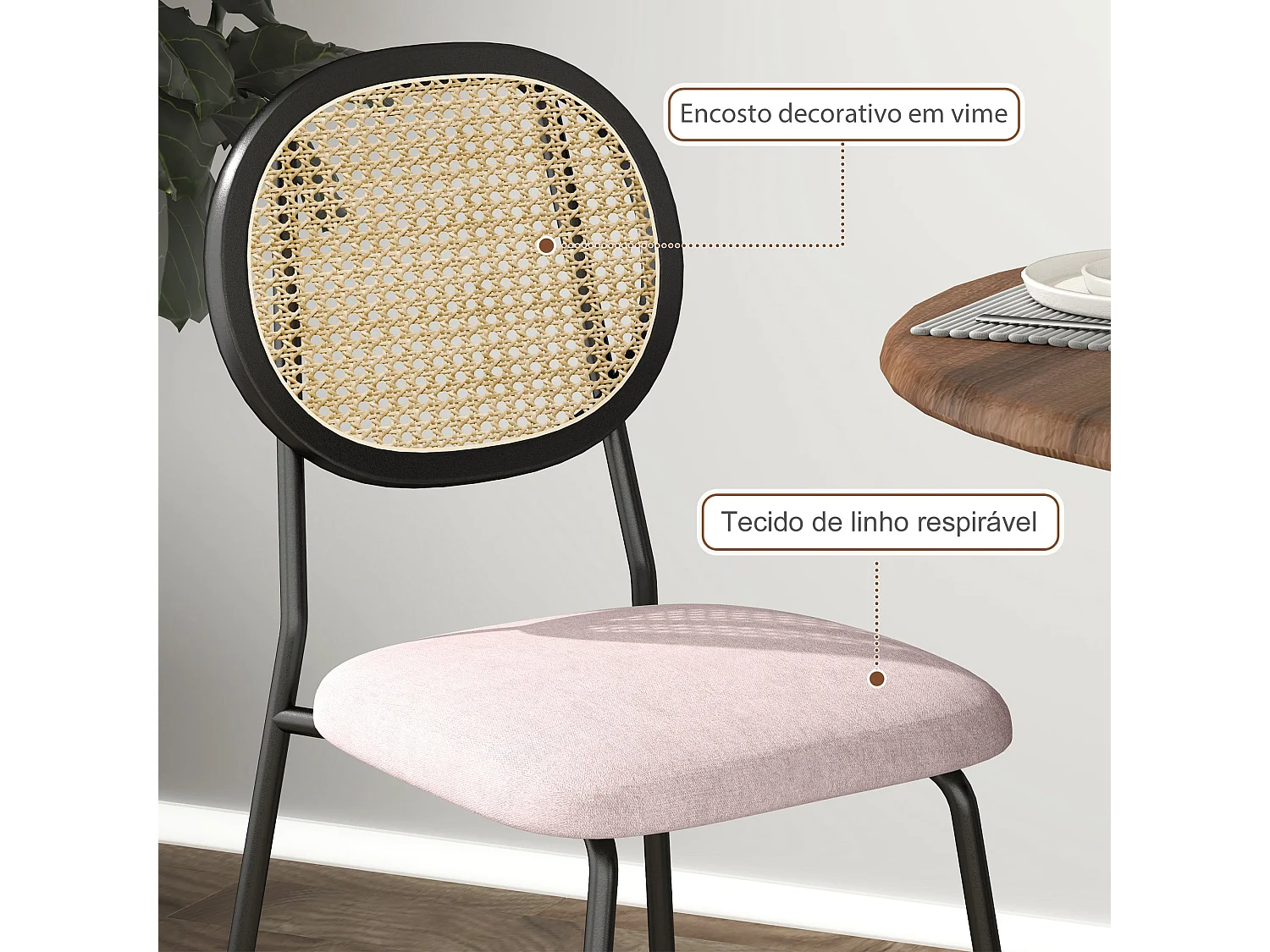 Conjunto Elegante de 2 Cadeiras de Jantar em Vime Sintético com Estrutura de Aço em Rosa e Preto