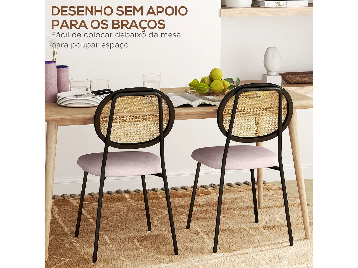 Conjunto Elegante de 2 Cadeiras de Jantar em Vime Sintético com Estrutura de Aço em Rosa e Preto