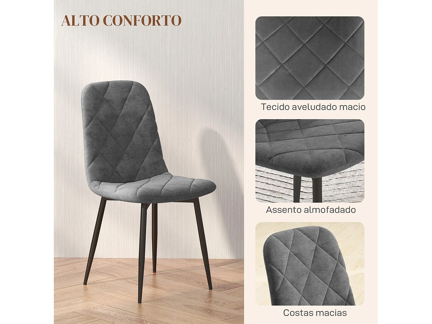 Conjunto Elegante de 4 Cadeiras de Jantar em Veludo com Estrutura de Aço para Sala de Estar