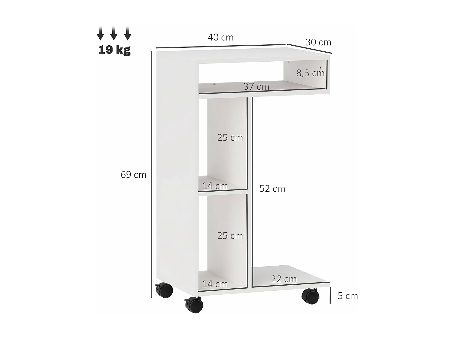 Mesa auxiliar Ziggi Homcom 3 compartimentos con ruedas blanco 69x40x30 cm