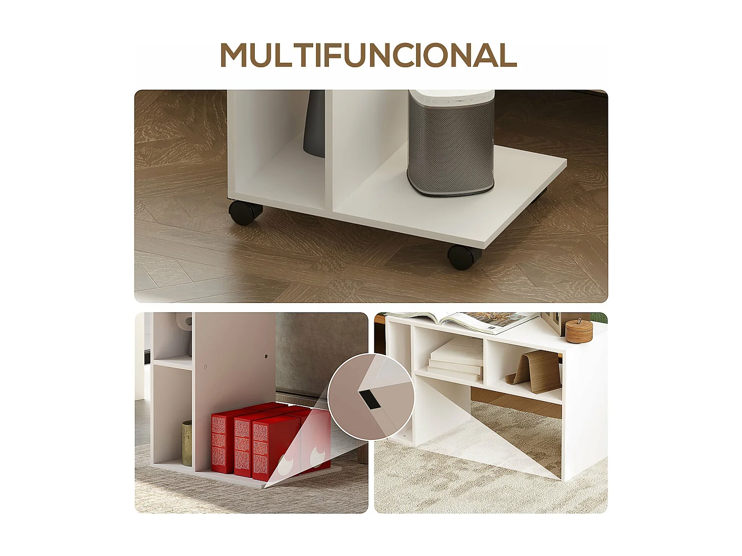 Mesa auxiliar Ziggi Homcom 3 compartimentos con ruedas blanco 69x40x30 cm