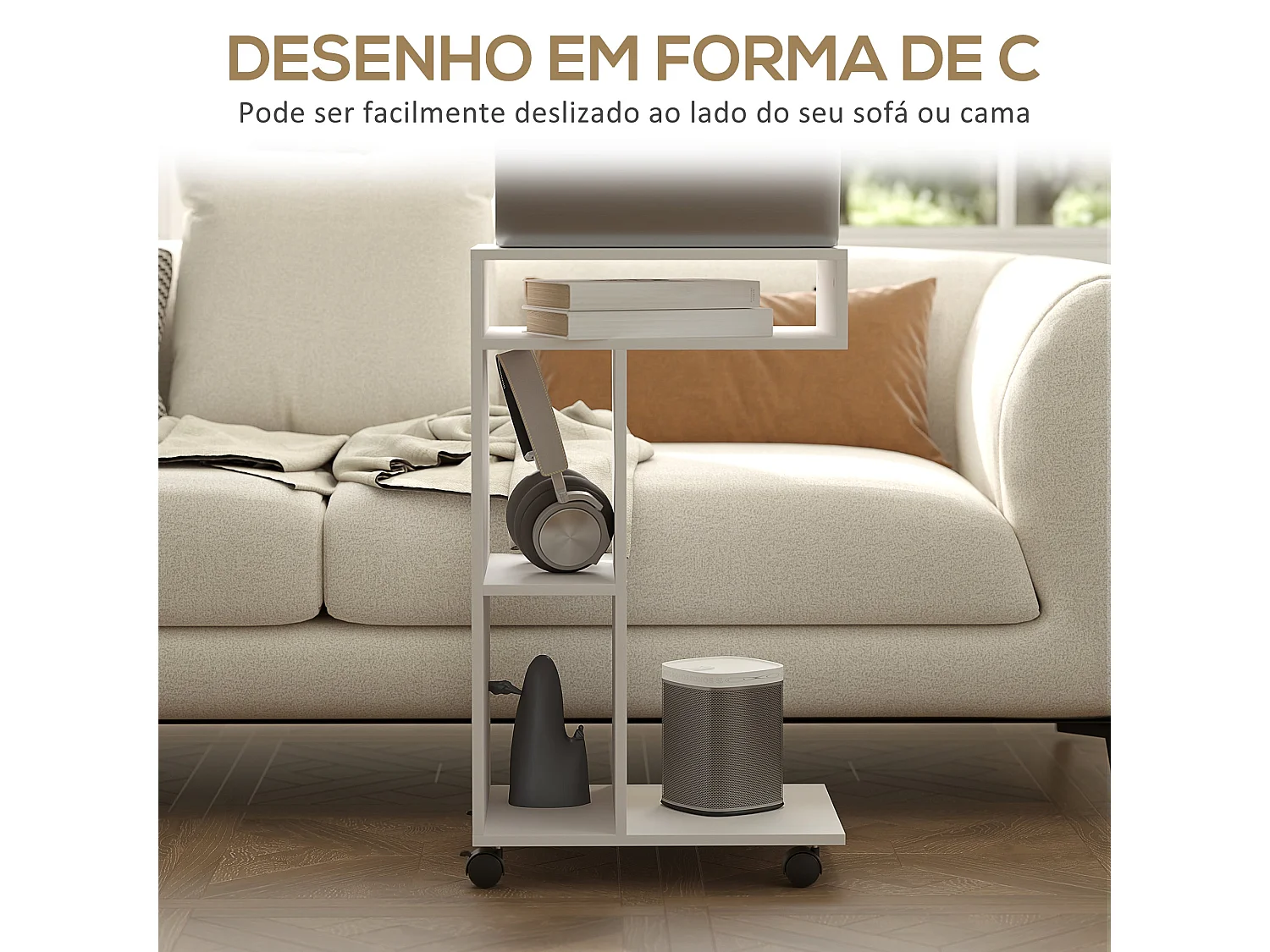 Mesa auxiliar Ziggi Homcom 3 compartimentos con ruedas blanco 69x40x30 cm