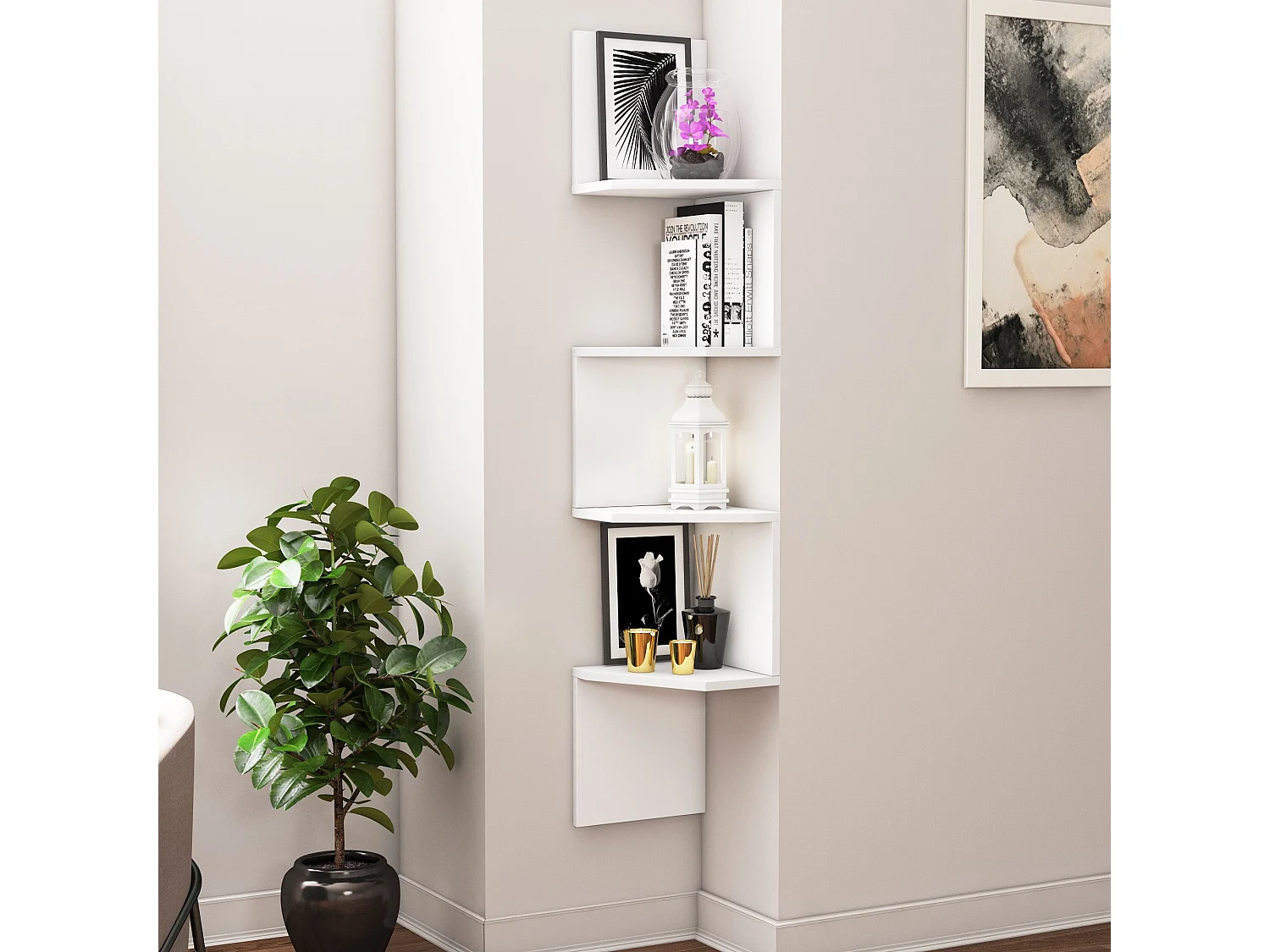 Étagère murale élégante – 28 x 28 x 155 cm – Blanc – Panneau de particules mélaminé