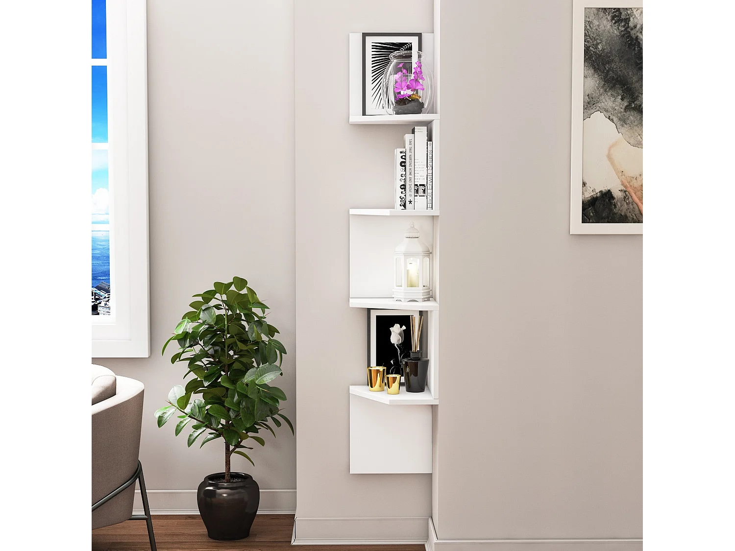 Étagère murale élégante – 28 x 28 x 155 cm – Blanc – Panneau de particules mélaminé