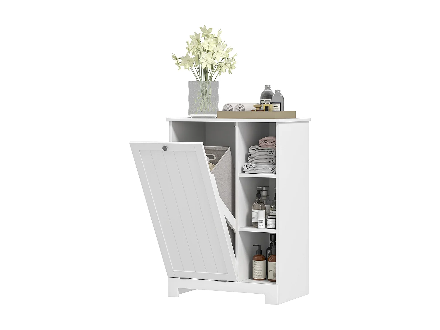 Móvel para Casa de Banho com Cesto Removível e Prateleiras Abertas - Modelo Avignon 60x38x86 cm Branco