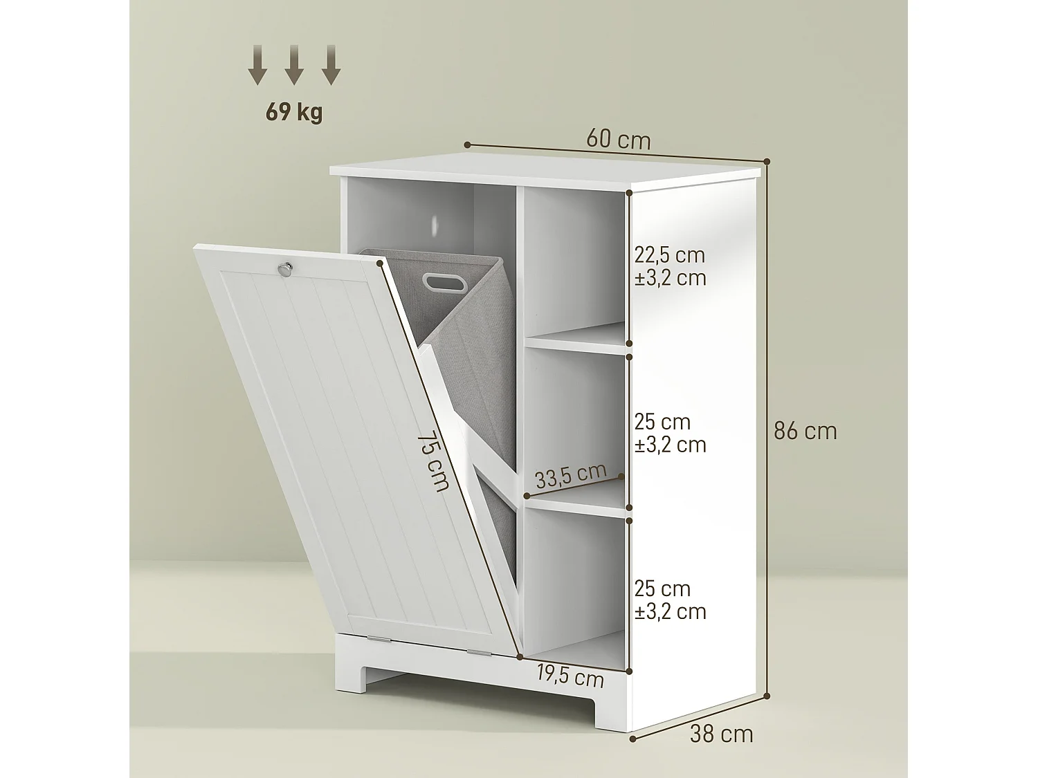 Móvel para Casa de Banho com Cesto Removível e Prateleiras Abertas - Modelo Avignon 60x38x86 cm Branco