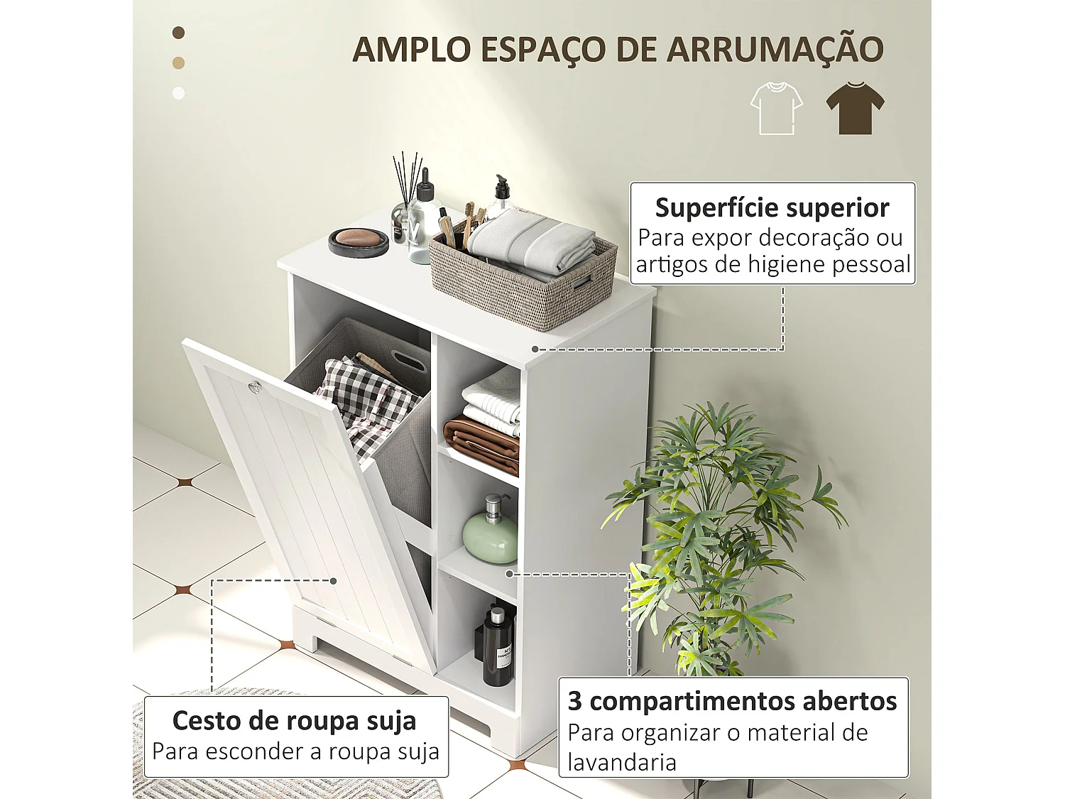 Móvel para Casa de Banho com Cesto Removível e Prateleiras Abertas - Modelo Avignon 60x38x86 cm Branco