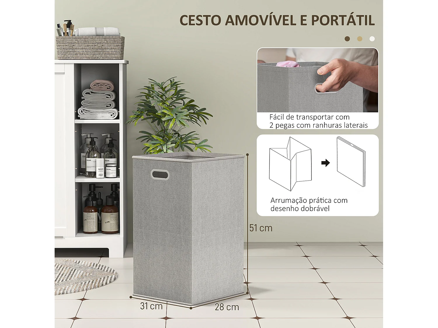 Móvel para Casa de Banho com Cesto Removível e Prateleiras Abertas - Modelo Avignon 60x38x86 cm Branco