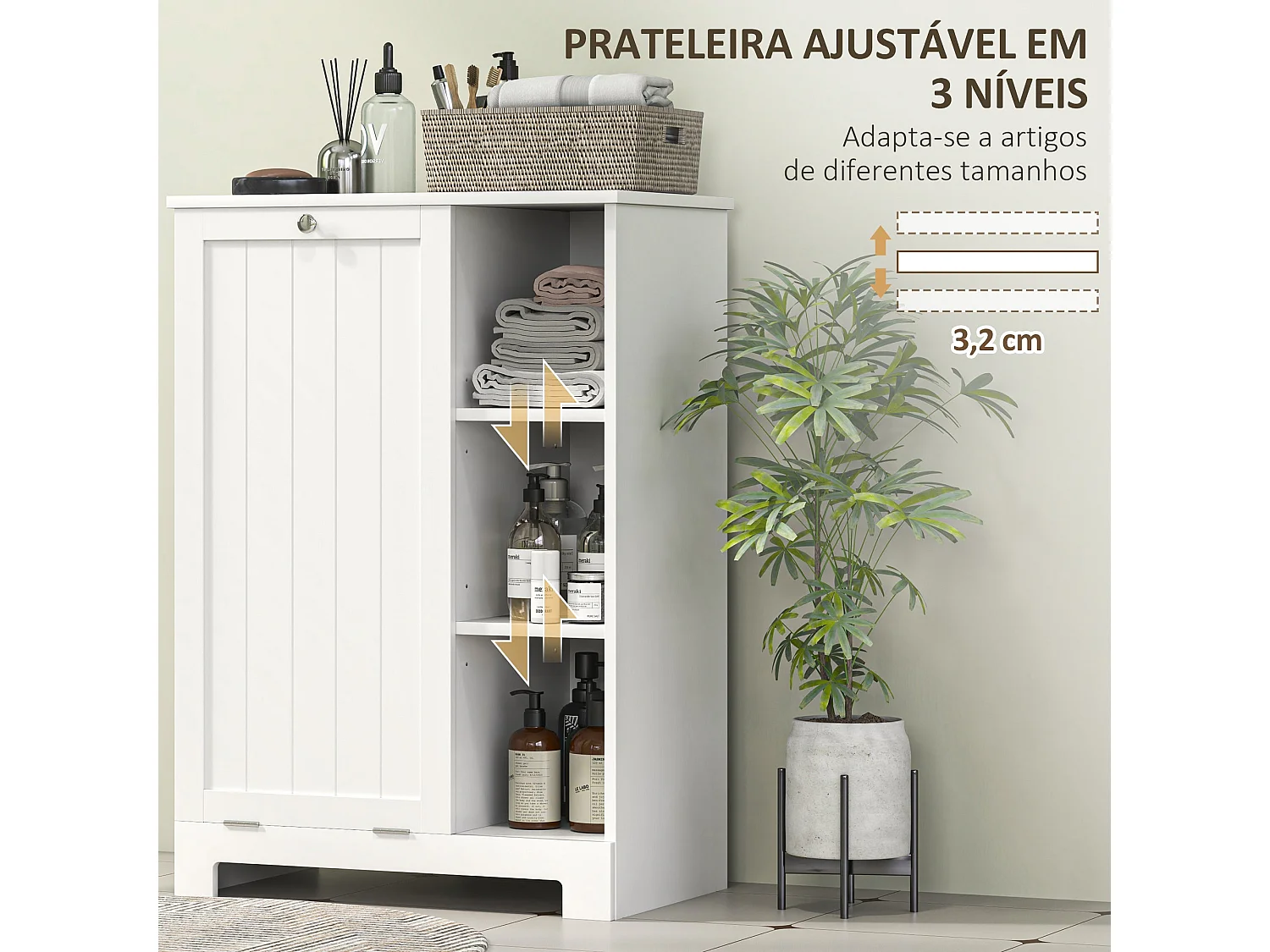 Móvel para Casa de Banho com Cesto Removível e Prateleiras Abertas - Modelo Avignon 60x38x86 cm Branco