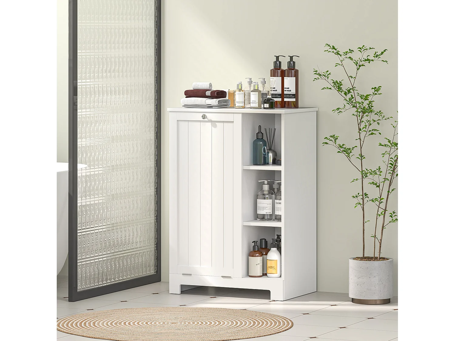 Móvel para Casa de Banho com Cesto Removível e Prateleiras Abertas - Modelo Avignon 60x38x86 cm Branco